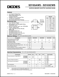 SD103BWS datasheet: 30V; 350mA surface mount schottky barrier diode. Guard ring construction for transient protection SD103BWS