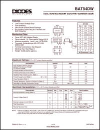 BAT54DW datasheet: 30V; 100mA dual surface mount schottky barrier diode. PN junctionguard ring for transient and ESD protection BAT54DW