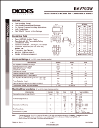 BAV70DW datasheet: 100V; 300mA quad surface mount switching diode array. For general purpose switching applications BAV70DW