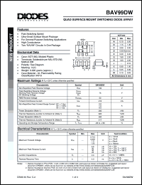 BAV99DW datasheet: 100V; 215mA quad surface mount swithcing diode array. For general purpose switching applications BAV99DW