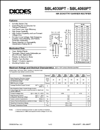 SBL4060PT datasheet: 60V; 40A schottky barrier rectifier. For use in low voltage, high frequency inverters, free wheeling and polarity protection application SBL4060PT