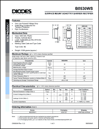 B0530WS datasheet: 30V; 0.5A surface mount schottky barrier rectifier. Guard ring for transient protection B0530WS