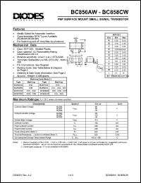 BC858AW datasheet: 30V; 0.1A PNP surface mount small signal transistor. For switching and AF amplifier applications BC858AW