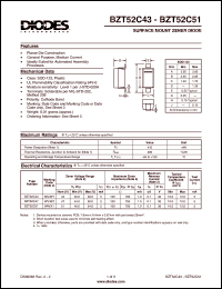 BZT52C43 datasheet: 43V; 410mW surface mount zener diode. Ideally suited for automated assembly processes BZT52C43