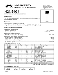 H2N5401 datasheet: 600mA PNP epitaxial planar transistor for general purpose applications requiring high breakdown voltage H2N5401