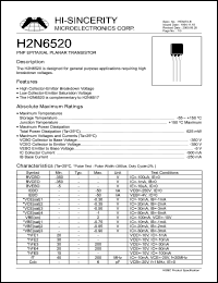 H2N6520 datasheet: 500mA PNP epitaxial planar transistor for general purpose applications requiring high breakdown voltages H2N6520