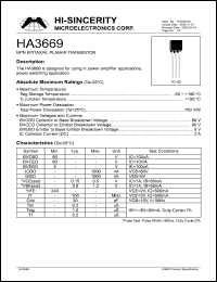HA3669 datasheet: 5V 2A NPN epitaxial planar transistor for using in power amplifier applications, power switching applications HA3669