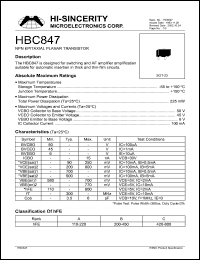HBC847 datasheet: 6V 100mA NPN epitaxial planar transistor for switching and AF amplifier HBC847