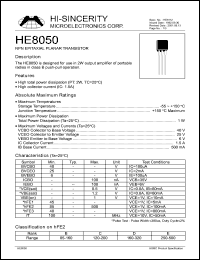 HE8050 datasheet: 40V 500mA NPN epitaxial planar transistor for use in 2W output amplifier of portable radios in class B push-pull operation HE8050
