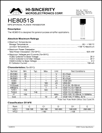 HE8051S datasheet: 25V 700mA NPN epitaxial planar transistor for general purpose amplifier applications HE8051S