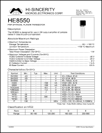 HE8550 datasheet: 40V 500mA PNP epitaxial planar transistor for use in 2W output amplifier HE8550