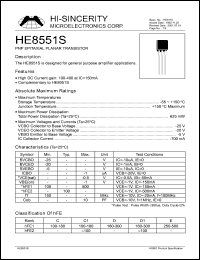 HE8551S datasheet: 40V 500mA PNP epitaxial planar transistor for general purpose amplifier application HE8551S