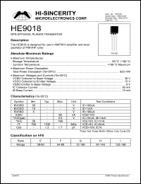 HE9018 datasheet: 30V 50mA NPN epitaxial planar transistor for use in AM/FM if amplifier and local oscillator of FM/VHF tuner HE9018