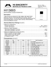 HI13003 datasheet: Emitter to base voltage:9V 1.5A NPN epitaxial planar transistor for high-voltage, high-speed power switching inductive circuit where fall time is critical HI13003