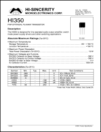 HI350 datasheet: Emitter to base voltage:3V 500mA PNP epitaxial planar transistor for line operated output amplifier HI350