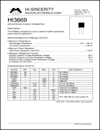 HI3669 datasheet: Emitter to base voltage:5V 2A NPN epitaxial planar transistor for using in power amplifier applications HI3669