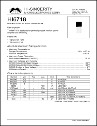HI6718 datasheet: Emitter to base voltage:5V 1A NPN epitaxial planar transistor for general purpose medium power amplifier and switching HI6718