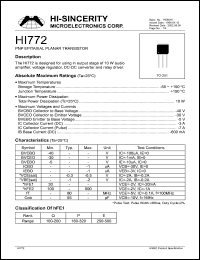 HI772 datasheet: Emitter to base voltage:5V 3A PNP epitaxial planar transistor for using in output stage to 10W audio amplifier HI772