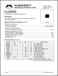 HJ2955 datasheet: Emitter to base voltage:5V 10A PNP epitaxial planar transistor for gemeral purpose of amplifier and switching applications HJ2955