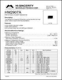 HM2907A datasheet: Emitter to base voltage:5V; PNP epitaxial planar transistor for general purpose amplifier and high speed, medium power switching applications HM2907A