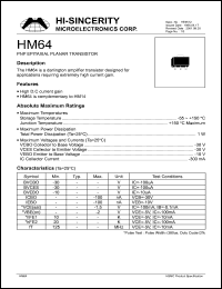 HM64 datasheet: Emitter to base voltage:10V; PNP epitaxial planar transistor for applications requiring extremely high current gain HM64