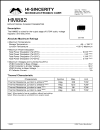 HM882 datasheet: Emitter to base voltage:5V; 3A NPN planar transistor for the output stage of 0.75W audio, voltage regulator and relay driver HM882