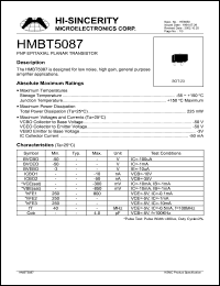 HMBT5087 datasheet: 3V 50mA PNP epitaxial planar transistor for low noise, high gain, general purpose amplifier applications HMBT5087