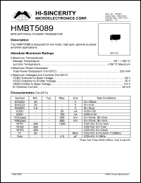 HMBT5089 datasheet: Emitter to base voltage:4.5V; 50mA NPN epitaxial planar transistor for low noise, high gain, general purpose amplifier applications HMBT5089