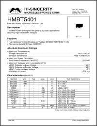 HMBT5401 datasheet: Emitter to base voltage:5V; 600mA PNP epitaxial planar transistor for general purpose applications requiring high breakdown voltage HMBT5401