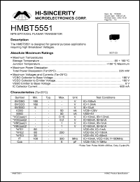 HMBT5551 datasheet: Emitter to base voltage:6V; 600mA NPN epitaxial planar transistor for general purpose applications requiring high breakdown voltage HMBT5551