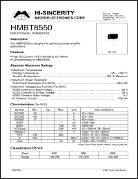 HMBT8550 datasheet: Emitter to base voltage:5V; 700mA PNP epitaxial planar transistor for general purpose amplifier applications HMBT8550