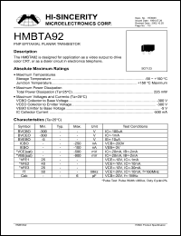 HMBTA92 datasheet: Emitter to base voltage:5V; 500mA PNP silicon transistor for applications as a video output to drive color CRT, or as a dialer in electronics telephone HMBTA92