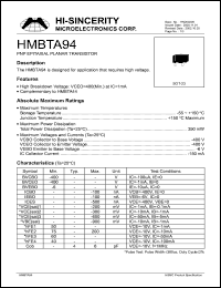 HMBTA94 datasheet: Emitter to base voltage:6V; 150mA PNP silicon transistor for applications that requires high voltage HMBTA94