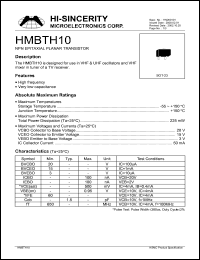 HMBTH10 datasheet: Emitter to base voltage:3V; 50mA NPN epitaxial planar transistor for use in VHF & UHF oscillators and VHF mixer in tuner of a receiver HMBTH10