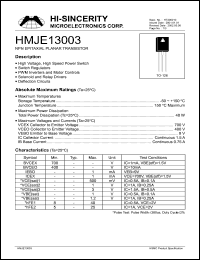 HMJE13003 datasheet: Emitter to base voltage:9V; 1.5A NPN epitaxial planar transistor HMJE13003