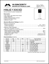 HMJE13003D datasheet: Emitter to base voltage:9V; 1.5A NPN epitaxial planar transistor HMJE13003D