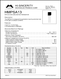 HMPSA13 datasheet: Emitter to base voltage:10V 500mA NPN silicon transistor for applications requiring extremely high current gain at collector to 500mA HMPSA13