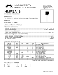 HMPSA18 datasheet: Emitter to base voltage:6.5V 200mA NPN silicon transistor for noise stage of audio amplifier HMPSA18