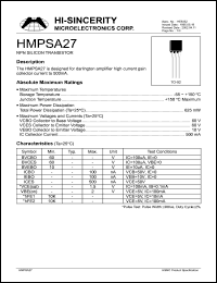 HMPSA27 datasheet: Emitter to base voltage:10V 500mA NPN silicon transistor for darlington amplifier high current gain collector current to 500mA HMPSA27