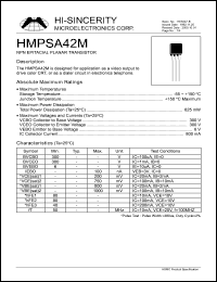 HMPSA42M datasheet: Emitter to base voltage:6V 800mA NPN epitaxial planar transistor for applications as a video output to drive color CRT, or a dialer circuit in electronics telephone HMPSA42M