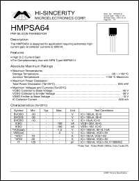 HMPSA64 datasheet: Emitter to base voltage:10V 500mA PNP silicon transistor for application requiring extremely high current gain at collector currents to 500mA HMPSA64