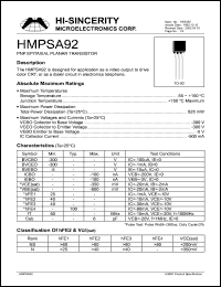 HMPSA92 datasheet: Emitter to base voltage:5V 500mA PNP epitaxial planar transistor for application as a video output to drive color CRT, or a dialer circuit in electronics telephone HMPSA92