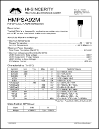 HMPSA92M datasheet: Emitter to base voltage:5V 800mA PNP epitaxial planar transistor for application as a video output to drive color CRT, or a dialer circuit in electronics telephone HMPSA92M