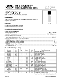 HPH2369 datasheet: Emitter to base voltage:4.5V 500mA NPN epitaxial planar transistor for general purpose switching and amplifier applications HPH2369