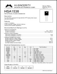 HSA1538 datasheet: Emitter to base voltage:3V 200mA PNP epitaxial planar transistor for high-speed CRT display video output, wide-band amplifier HSA1538