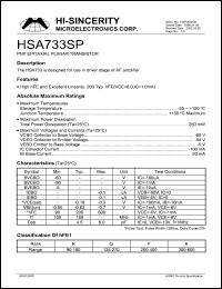 HSA733SP datasheet: Emitter to base voltage:5V 100mA PNP epitaxial planar transistor for use in driver stage of AF amplifier HSA733SP