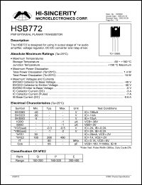 HSB772 datasheet: Emitter to base voltage:5V 3A PNP epitaxial planar transistor for using in output stage of 1W audio amplifier HSB772