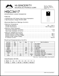 HSC3417 datasheet: Emitter to base voltage:5V 100mA NPN epitaxial planar transistor HSC3417