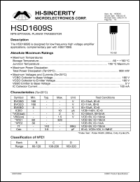 HSD1609S datasheet: Emitter to base voltage:5V 100mA NPN epitaxial planar transistor for low frequency high voltage amplifier applications HSD1609S