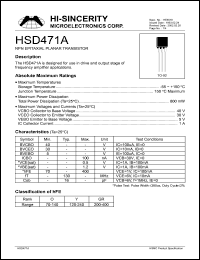 HSD471A datasheet: Emitter to base voltage:5V 1A NPN epitaxial planar transistor for use in drive and output stage of frequency amplifier applications HSD471A